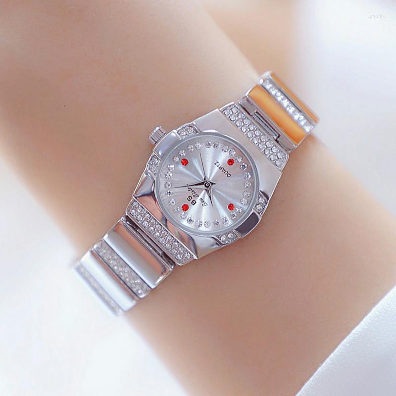

Wristwatches BS Full Diamond Women's Watch Crystal Ladies Bracelet Wrist Watches Clock Relojes Quartz For Women 164735, Gold green