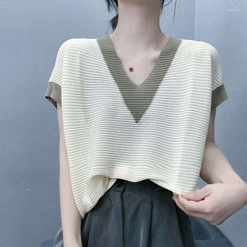 

Women's T Shirts V Neck Contrast Color Top Knitted Shirt Women Loose Casual Woman Clothes Tshirt 2023 Summer Tee Femme For, Black