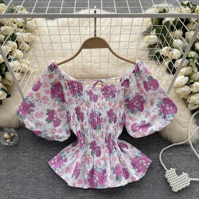 

Women's Blouses Chic Puff Short Sleeve Bandage Blouse Slim Sexy Tshirt Sweet Thin Shirt Women Gothic Streetwear Pleated Fashion Crop Top Y2k, Purple