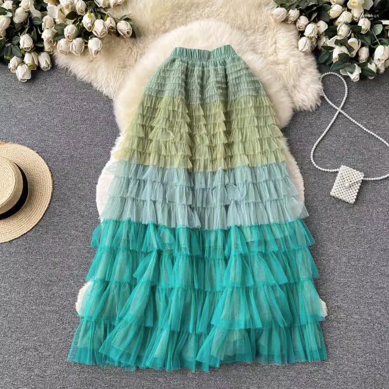 

Skirts Fashion Oblique Neckline Suspender Skirt For Women With Summer Pleated Design Slim High Waist Maxi Long Bohemian Ruffles, Green