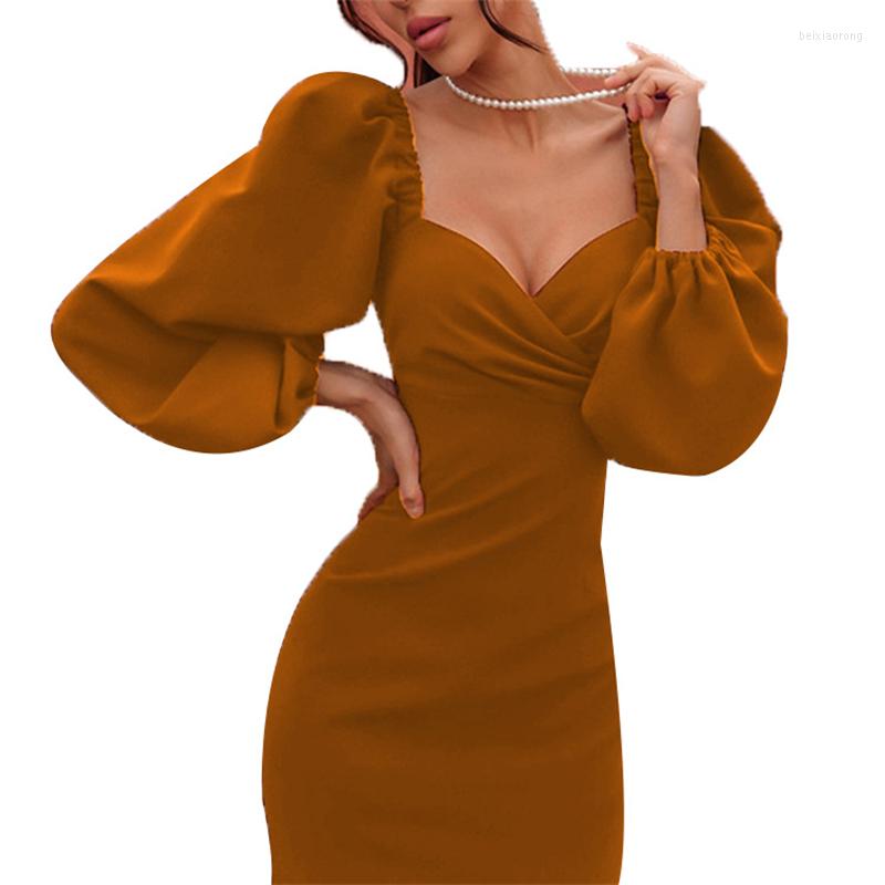 

Casual Dresses Mid-length Women' Dress For Year 2023 Party Puff Sleeve Sexy Slim V-neck Solid Elegant Office Lady Female, Black
