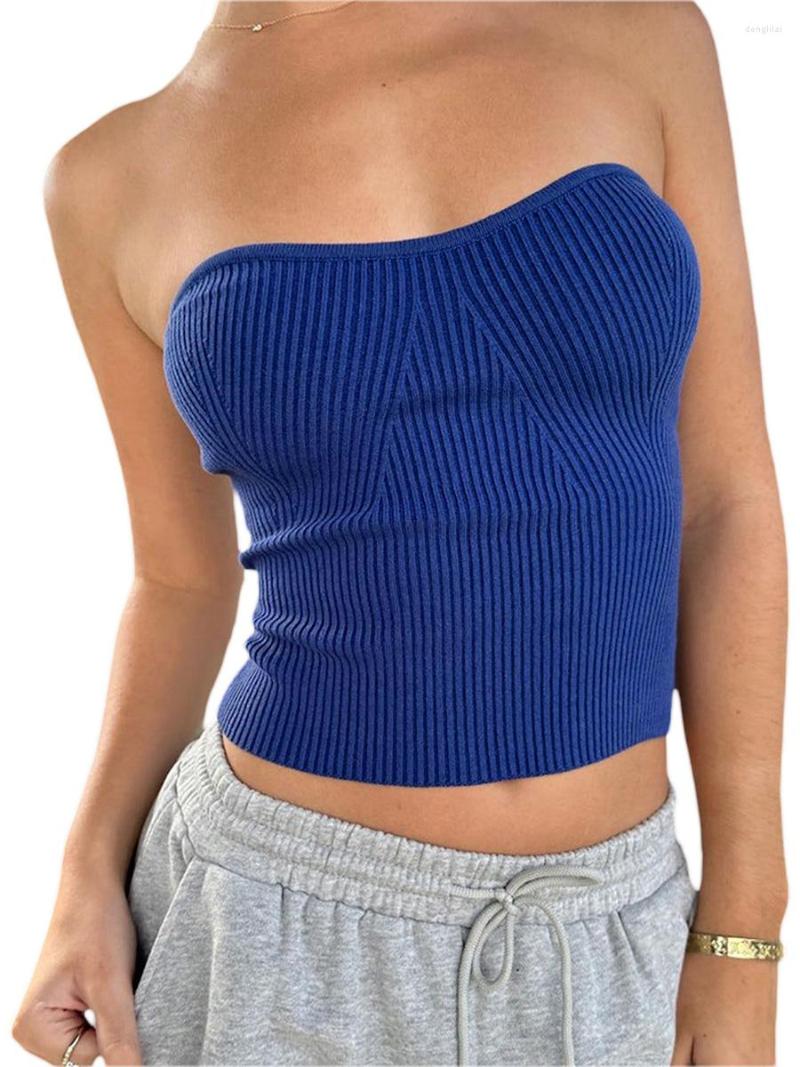 

Women' Tanks Miolasay Women  Tube Vest Top Solid Color Sleeveless Off Shoulder Ribbed Knit Slim Fit Patchwork Cami Crop Tank Shirt, C-blue