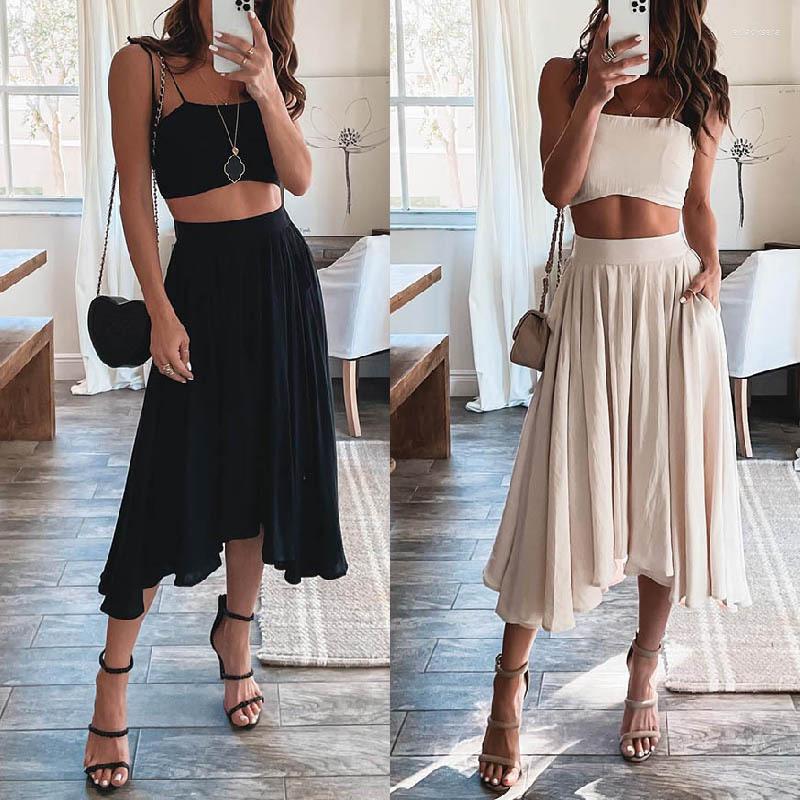

Work Dresses Summer Women Fashion Two Pieces Sets Strap Solid Color Cropped Top & High Waist Long Skirt Suit Set Outfit Streetwear, Black