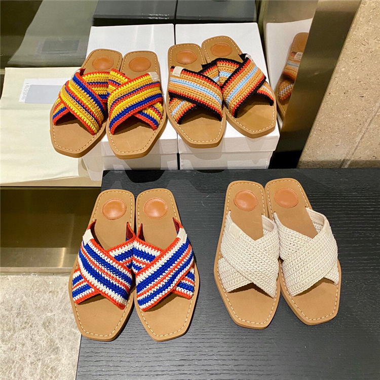 

Multicolor Knit Flat Mule Woody Slippers Crisscross Crochet Strap Slides for Lady Women LOGO Sandal Square Toe Cork Heel Platform Flats Tan Beige Flip Flops Sliders, Kly0011