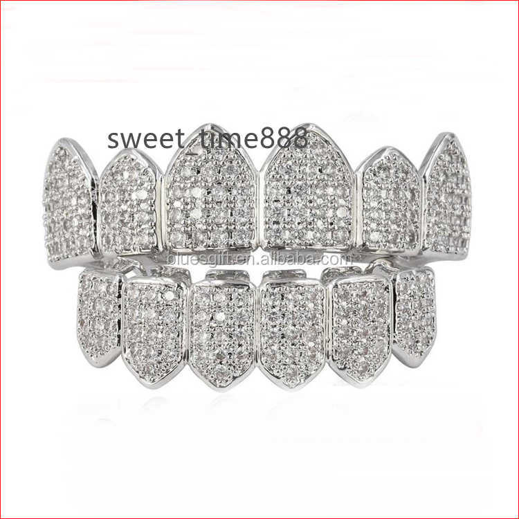 

Blues wholesale bling 18K White Gold Plated Custom Slugs Cubic Zirconia Micro Pave cz teeth grillz for punk Halloween jewelry