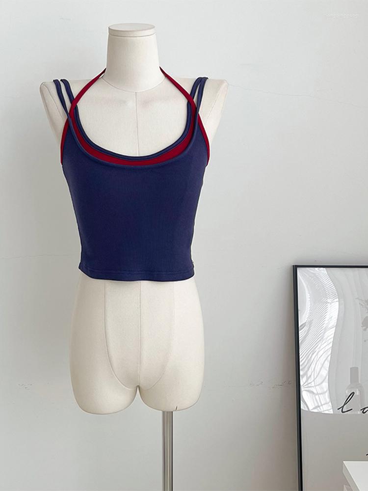 

Women' Tanks Fake Two Pieces Patchwork Design Women Halter Camisole Fashion Girls Skinny Crop Suspender Vest Clubwear Streetwear Chic, Pink