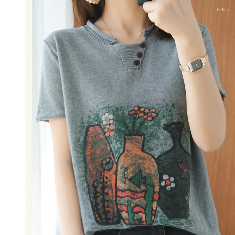 

Women's T Shirts Shintimes Knitted Tee Shirt Femme Women 2023 Summer Fashion Print Woman Short Sleeve Top Loose Vintage Clothes, Gray