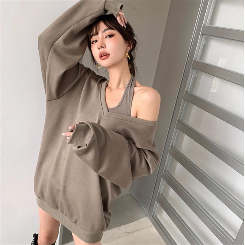 

Women' Hoodies Oversized Women Sweatshirt Halter Vest Dress Two Piece Tops V-Neck Pullovers Blouse Streetwear Outfits Hip Spring, Grey
