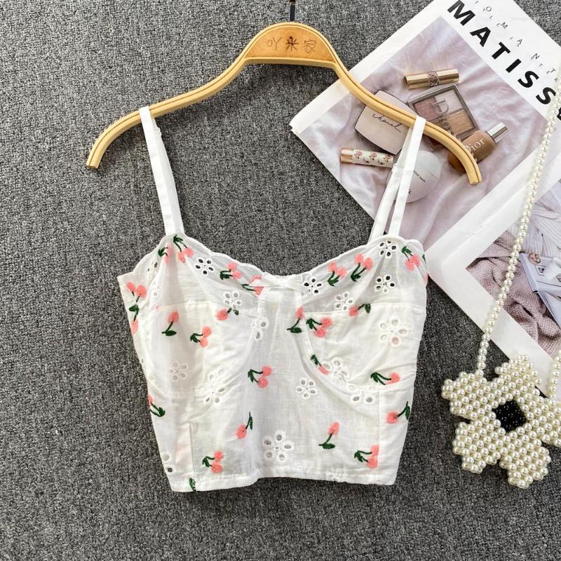 

Women's Tanks Spaghettti Strap Floral Print Camis For Women Hollow Out Summer Casual Almighty Embroidery Femme Corset Crop Tank Tops, White