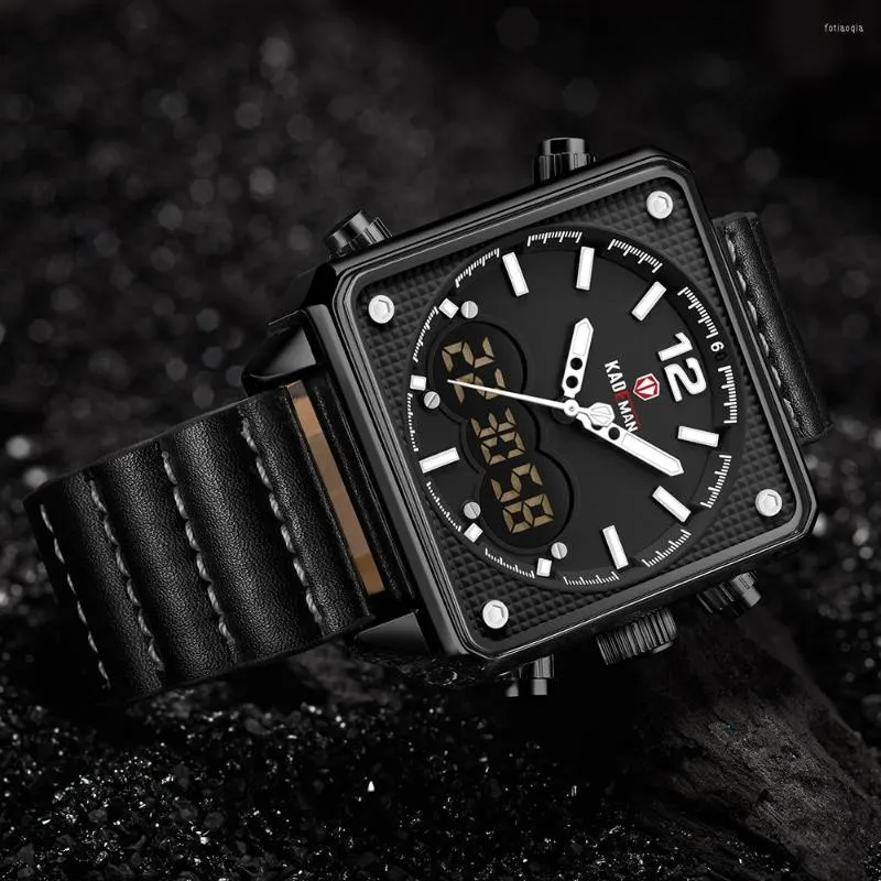 

Wristwatches Brand Square Watch Men Original Sport TOP Dual Display 3ATM Tech Leather Casual Clock Male, Black