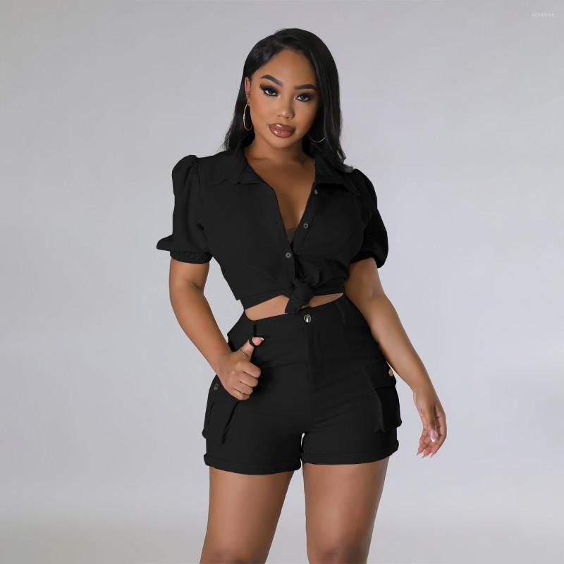 

Women' Tracksuits Gotoola 2023 Summer Women' Thickened Fabric Spring And Pleated Workwear Bag Short Sleeve Shorts Suit Two-Piece Set, L483 black