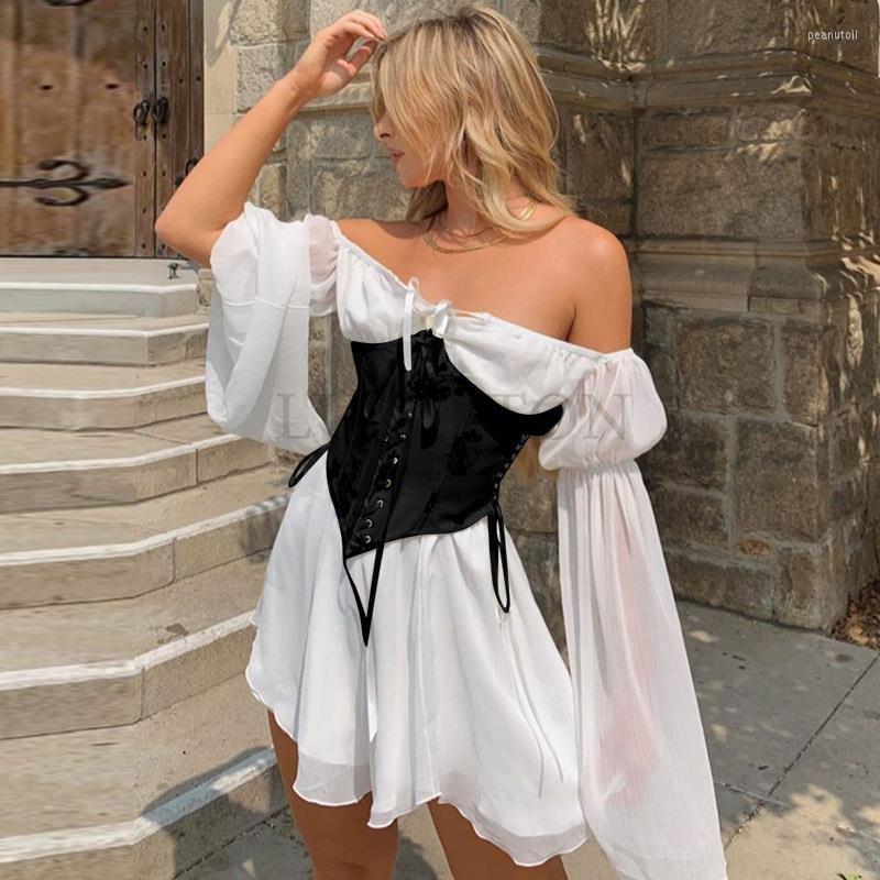 

Casual Dresses Chiffon Slash Neck Mini Dress Women Summer Beach Vacation Long Sleeve Corset Bandage Sundress Party Pink, White corset