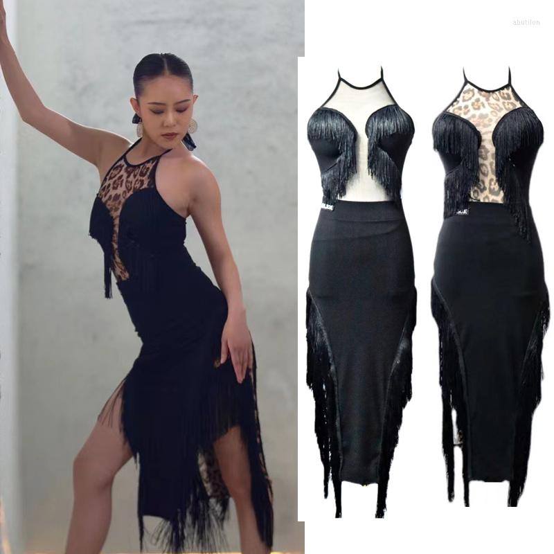 

Stage Wear Sexy Sleeveless Leopard Top Black Tassels Skirts For Women Latin Dance Costume Adults Competition Clothes SL7913, Black top