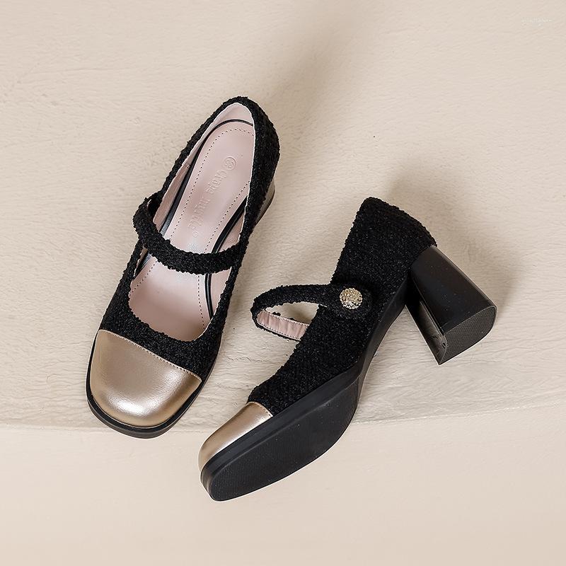 

Dress Shoes 2023 Spring Mary Jane High Heels Women's Retro French Round Toe Color Block Thick Heel Women, Black