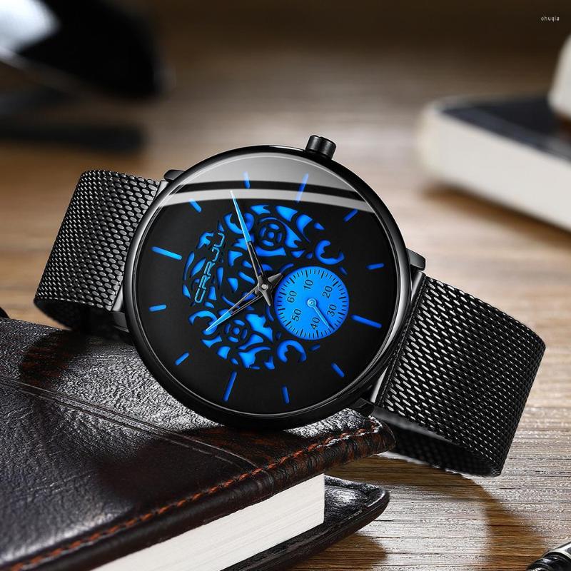

Wristwatches CRRJU Fashion Blue Men Watch Top Famous Dress Wrist Watches Engraved Dial Design Quartz Clock