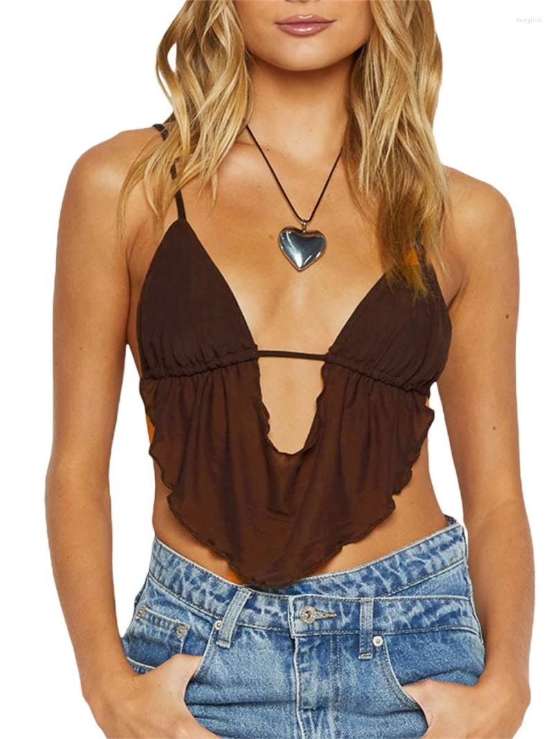 

Women' Tanks Women Chic Backless Halter Crop Tops Sleeveless Low Cut Ruched Sexy Cami Tank Summer Streetwear, K-brown