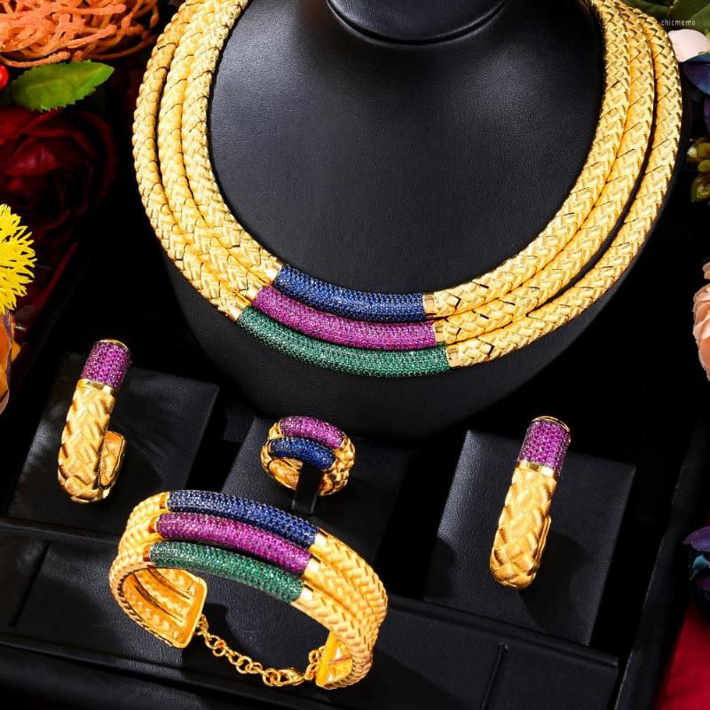 

Necklace Earrings Set Jimbora Original Luxury Gorgeous CZ Bangle Ring 4PCS For Women Russia Bridal Wedding Party, Picture shown