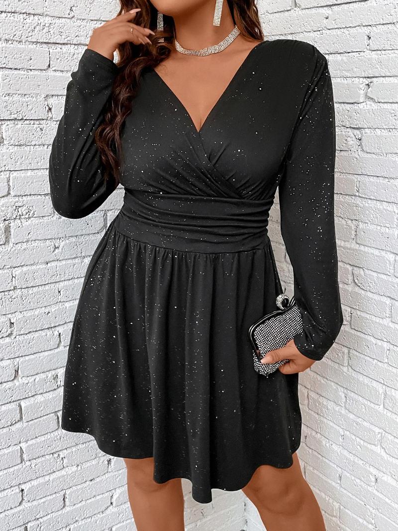 

Plus Size Dresses Glitter Mini Dress Women's Summer 2023 A-line Sexy Elegant 4xl Clothing Curvy V Neck Vintage Evening Party, Black