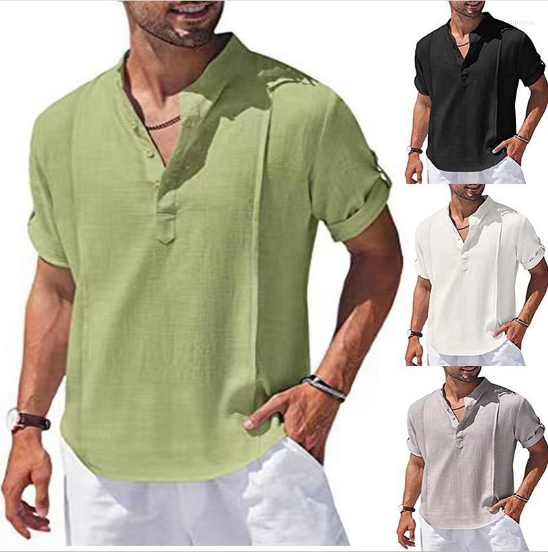 

Men' Casual Shirts 2023 Men' Linen Solid Color T Shirt Stand Collar Short Sleeve Cotton Beach Handsome Men, Black