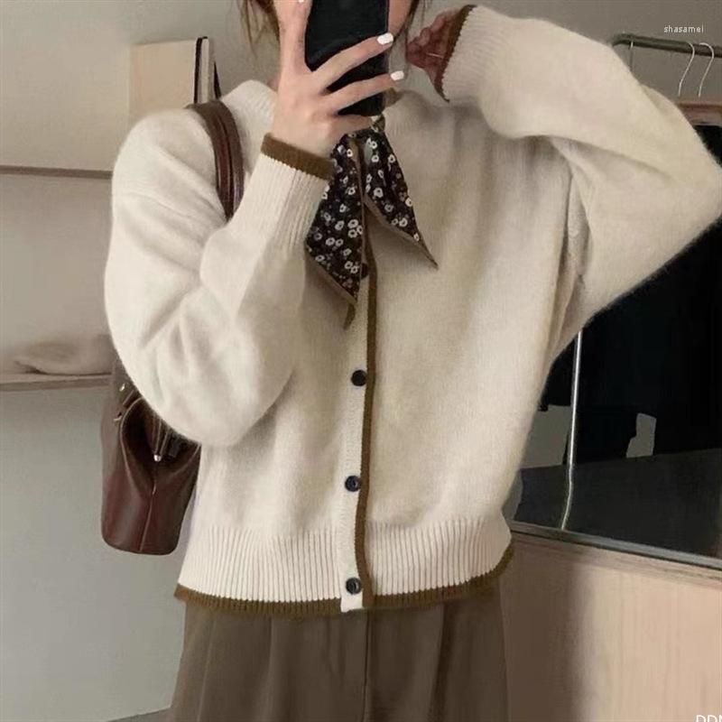 

Women's Knits Women Sweaters Spring Autumn Silk Scarf Lace-up Loose Single Breasted Korean O-Neck Fashion Soft Chic Knit Female Blouse