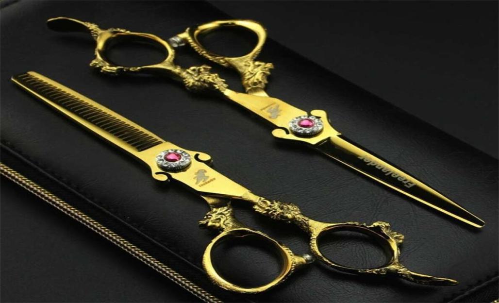 

60quot 2pcs Sharp Blade Dragon Handle Gold Barber Hair Scissors Set Salon Cutting Thinning Shears Hairdressing Flat Teeth Blade8311114