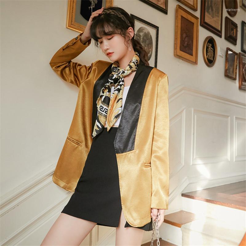 

Women' Suits 2023 Fashion Blazes Women Patchwork Contrast Color Long-sleeved High Quality Gold Jacket Female