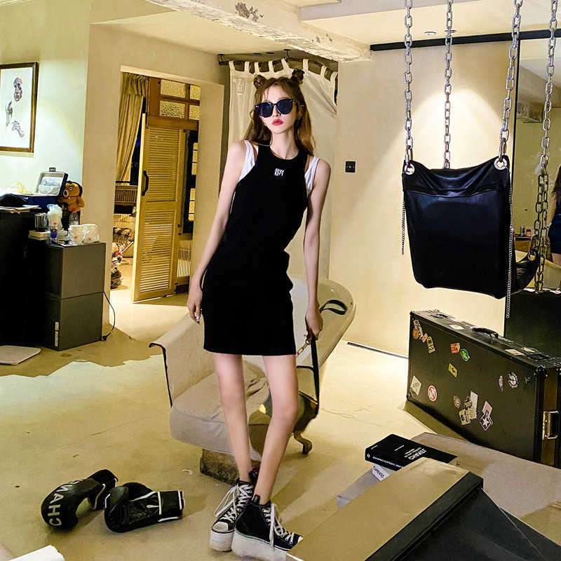 

Designer haute coutureALU High Fashion High Street Imported Elastic Fabric Double Layer Design Slim Fit Tank Skirt, Black