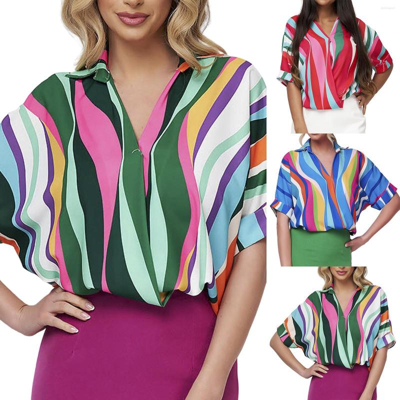 

Women' Blouses Colorful Striped Print Women Blouse Casual Short Sleeve V Neck Shirts Office Lady Elegant Top 2023 Spring Femme Blusa Y, Green