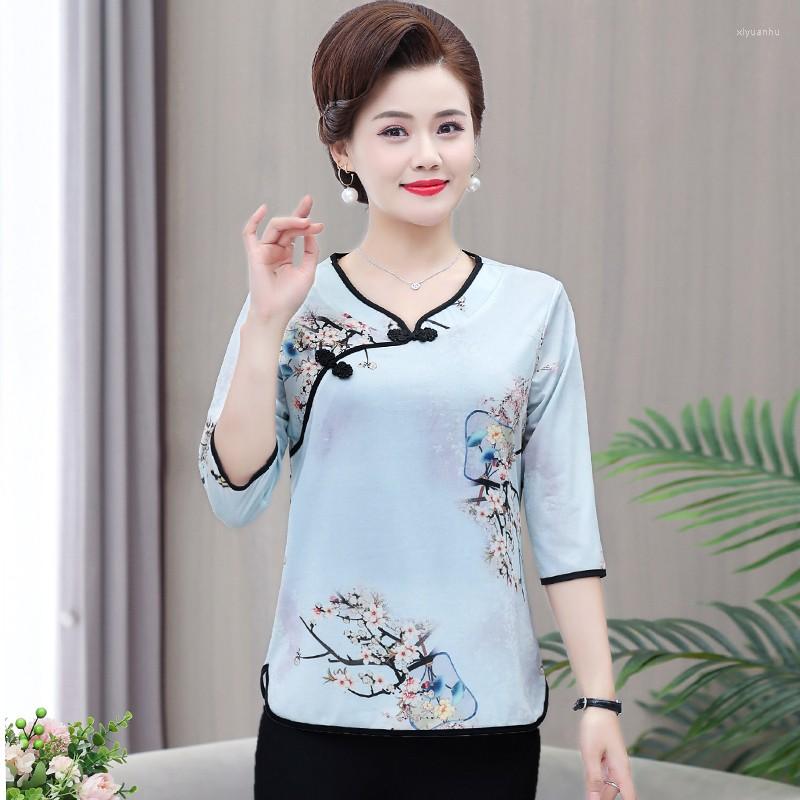 

Women's Blouses Vintage Cheongsam Woman Middle-aged Casual Thin Summer Clothes Female Tops Elegant Half Sleeve Shirt Clothing, Sky blue