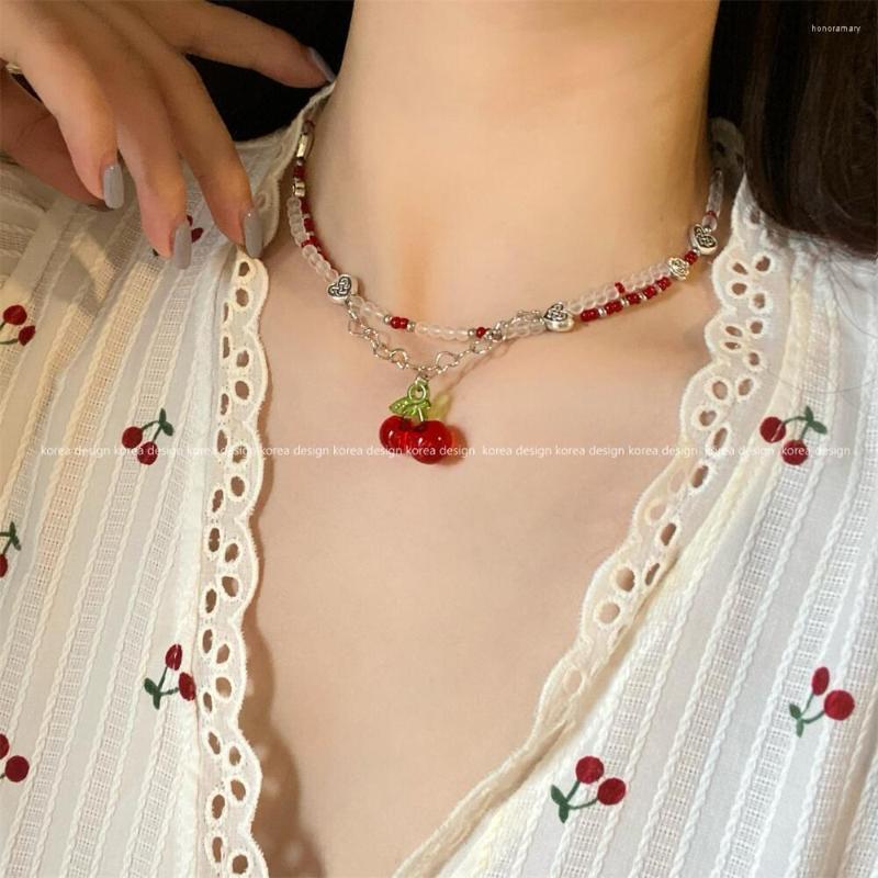 

Chains Red Cherry Crystal Beaded Double Heart Collarbone Chain