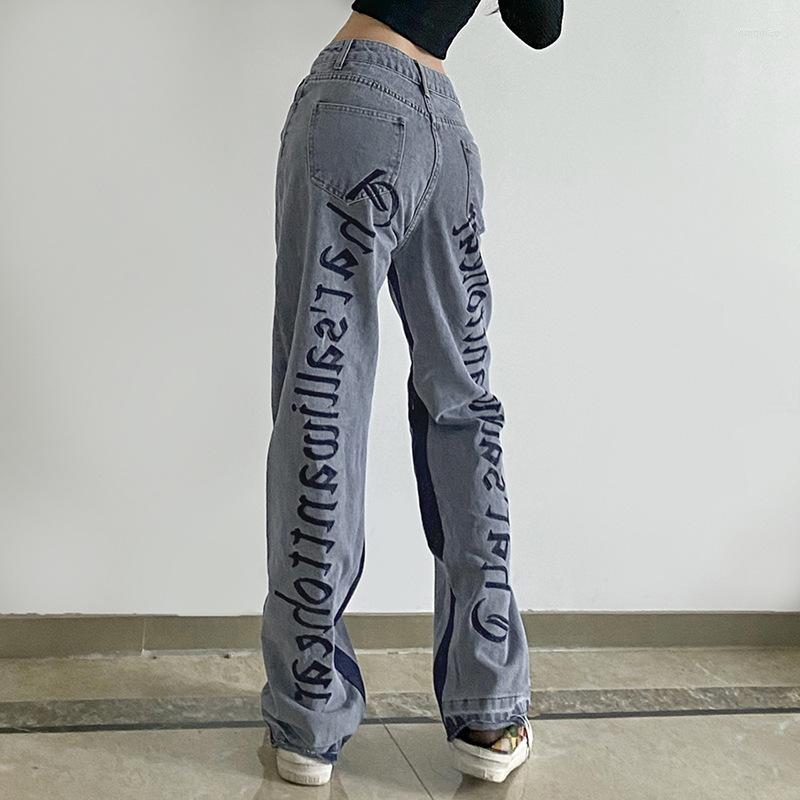 

Women' Jeans 2023 Straight Woman Letter Side Contrast Color Retro High Waist Wide Leg Denim Pants Casual Trousers Cowboy Vaqueros Mujer, Blue