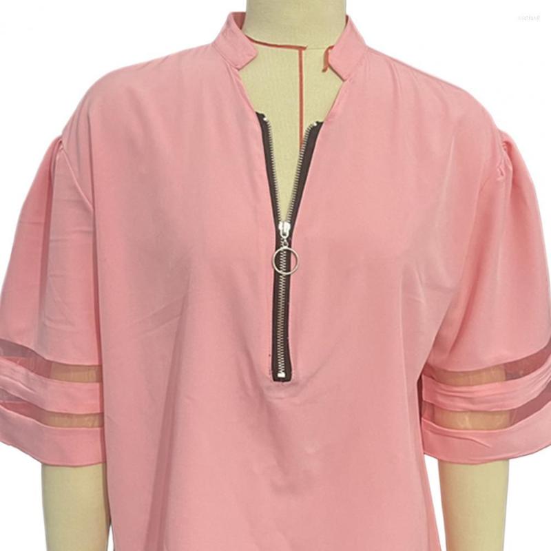 

Women' Blouses Women Summer Shirts Pullover Solid Color V-neck See-through Patchwork Zipper Horn Sleeves Lady Shirt Female Clothes, Pink