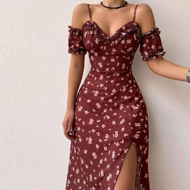 

Casual Dresses Europe Style Sexy Waist And Split Suspender Floral Dress Women' Temperament Printed Slash Neck Mid-length, Blue