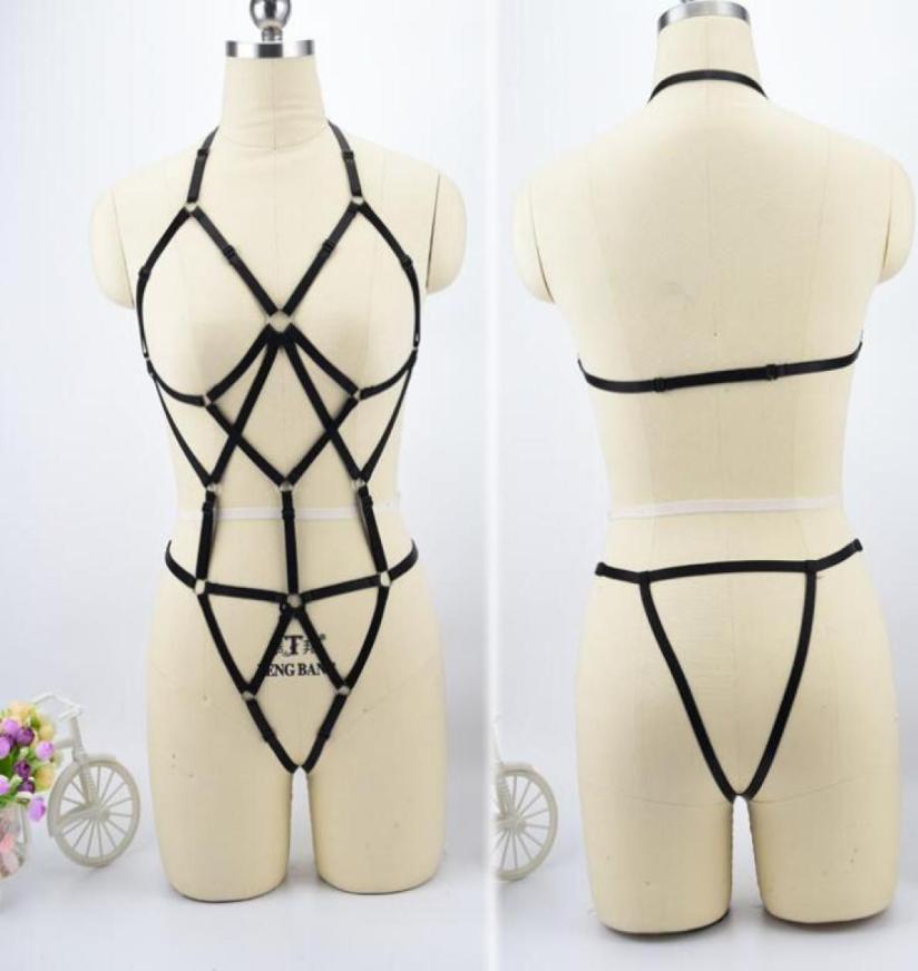 

Sexy tie ties hollow out cleavage foreign trade bra set conjoined body tempts 3 maids to wear sexy underwear4876141, Black