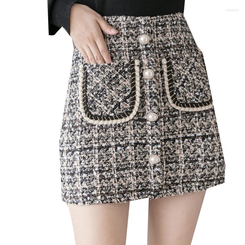 

Skirts 2023 Autumn Winter Women Skirt Korean High Waist Coarse Tweed Hip Sweet Pearl Buttons Plaid Mini Vintage Female, Khaki