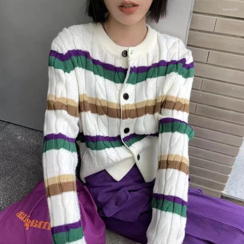 

Women's Knits Knitted Cardigan Women's Korean Version Striped Round Neck Long Sleeved Spring Autumn Single Breasted Casual Sweater, Blue