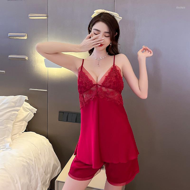 

Women's Sleepwear Satin Sleep Set Intimate Lingerie 2Pcs Pyjama Pour Femme Sexy Lace Pajamas Suit Nightwear Home Clothing Top&ampshorts, Black