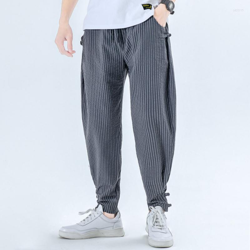 

Men' Pants Arrival Men' Elastic Waist Cotton And Linen Trousers Men Stripe Harem Pant Ankle Length Male Mens Fashion, Black