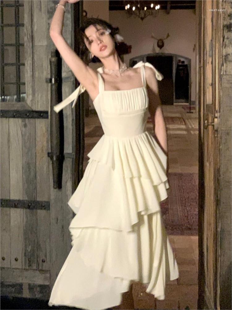 

Casual Dresses 2023 Summer Spaghetti Strap Ruffle Dress For Women French Elegant Prom Evening Party Female Fashion Sexy Clothing, Beige