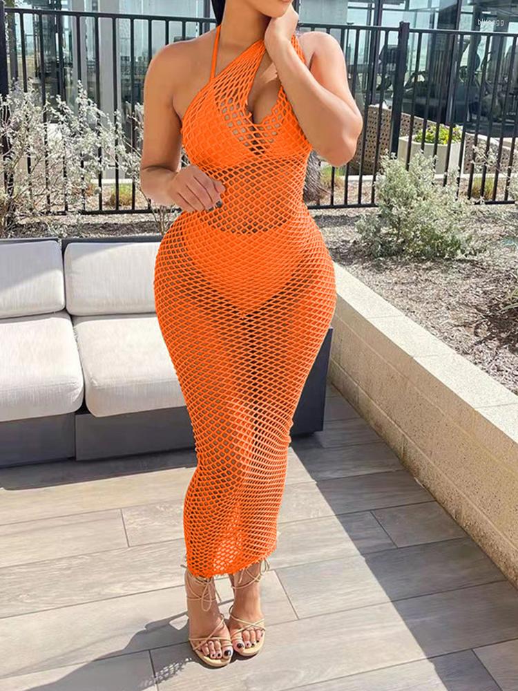 

Casual Dresses Summer Sleeveless Fishnet One Shoulder Solid Long Slim Dress Sexy Beach Cover Up Breathable See Through Lady Night Club, Orange
