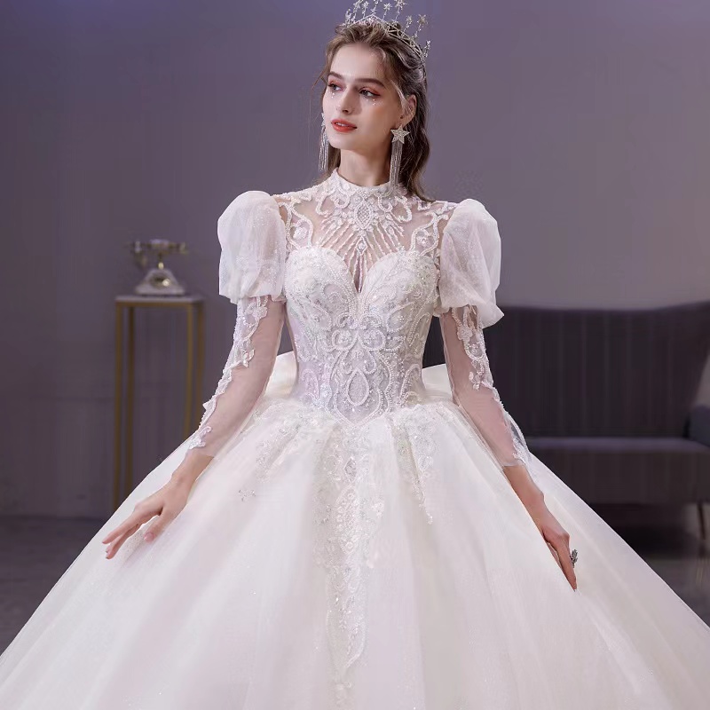 

Vintage Ball Wedding Dress Big Bow 3/4 Sleeves High Neck Lace Sequined Appliques Princess Dubai Arabic Long Wedding Bride Gowns, Ivory