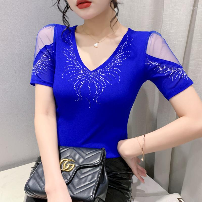 

Women's T Shirts #6123 Summer Black Red Off Shoulder Shirt Women V-neck Thin Hollow Out Skinny Tshirt Female Diamonds Stretch Mesh Top Slim