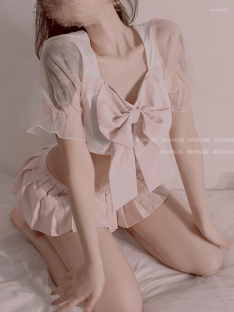 

Work Dresses Korean Sweet Mesh Lace Short Sleeve Bow Square Collar JK Lolita Tos Tshirt Pleated Mini Skirt Student Uniform Set U172, Pink