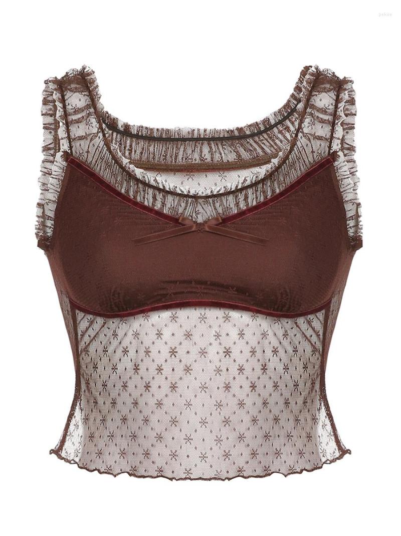 

Women' Tanks Women' Sexy Sheer Mesh Tank Tops Sleeveless Scoop Neck Floral Print Slim Fit Crop, Brown