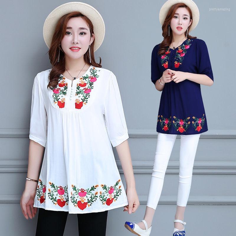 

Women's Blouses Women Floral Embroidered Mexican Blouse Tops Summer Hippie Boho Cotton Ethnic Blusas Femme Vintage 2023, Blue