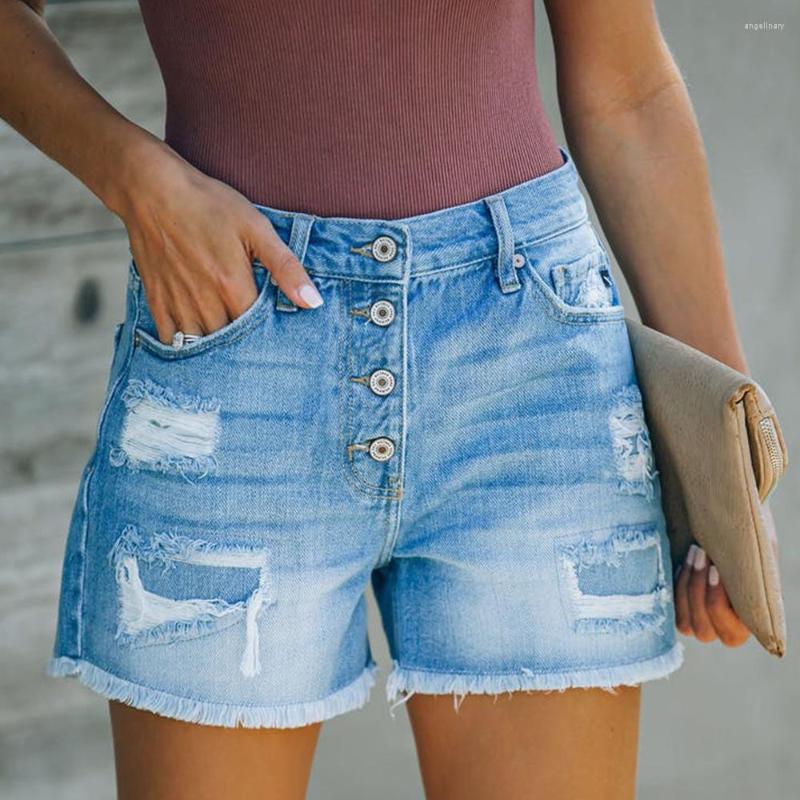 

Women' Shorts 2023 Women' Style Hole Sticking Cloth Tassel Personalized One Row Button Denim Pants, Blue