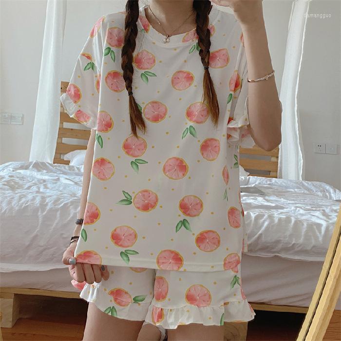 

Women's Sleepwear Kawaii Fruit Print Summer Women Pajamas Set Korean Sweet Ruffle Short Sleeve Shorts Home Suit Casual White O-Neck Girl, Black