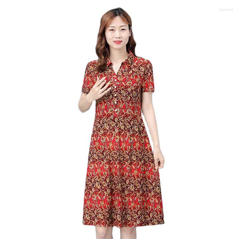 

Casual Dresses Middle-aged And Elderly Women Summer Dress 2023 Fashion Short-sleeved Floral Knee-length Loose WomenTide, Red