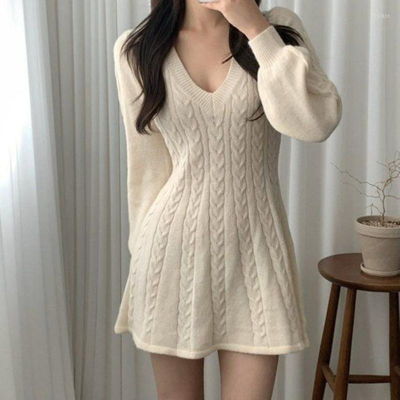 

Party Dresses Lantern Sleeve Knitted Dress Women V Neck Sweater Mini Beige Color, Black