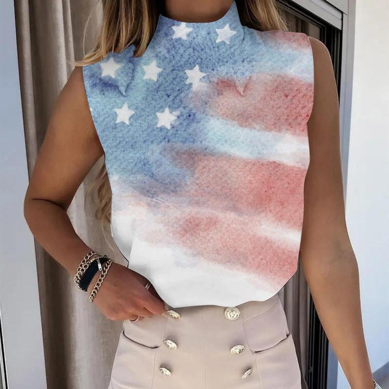 

Women' Tanks Turtleneck Casual Independence Tank Women Tops Day Sleeveless Shirts Mujer Blouse Shirt Slim Elegant Blusas Blusa Female, Black